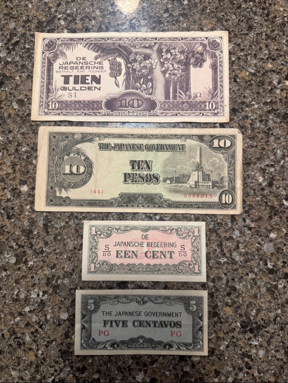 Vintage WWII-era Japanese Government Banknote Lot of 4 Bills - Multi Color